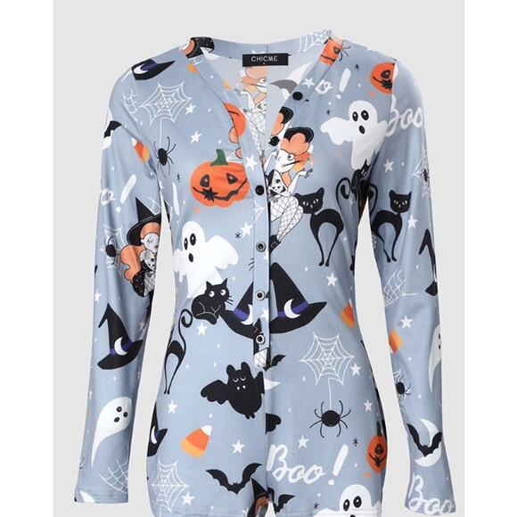 Halloween  Print Button Front Lounge Romper | Chic Me - Picture 4 of 5